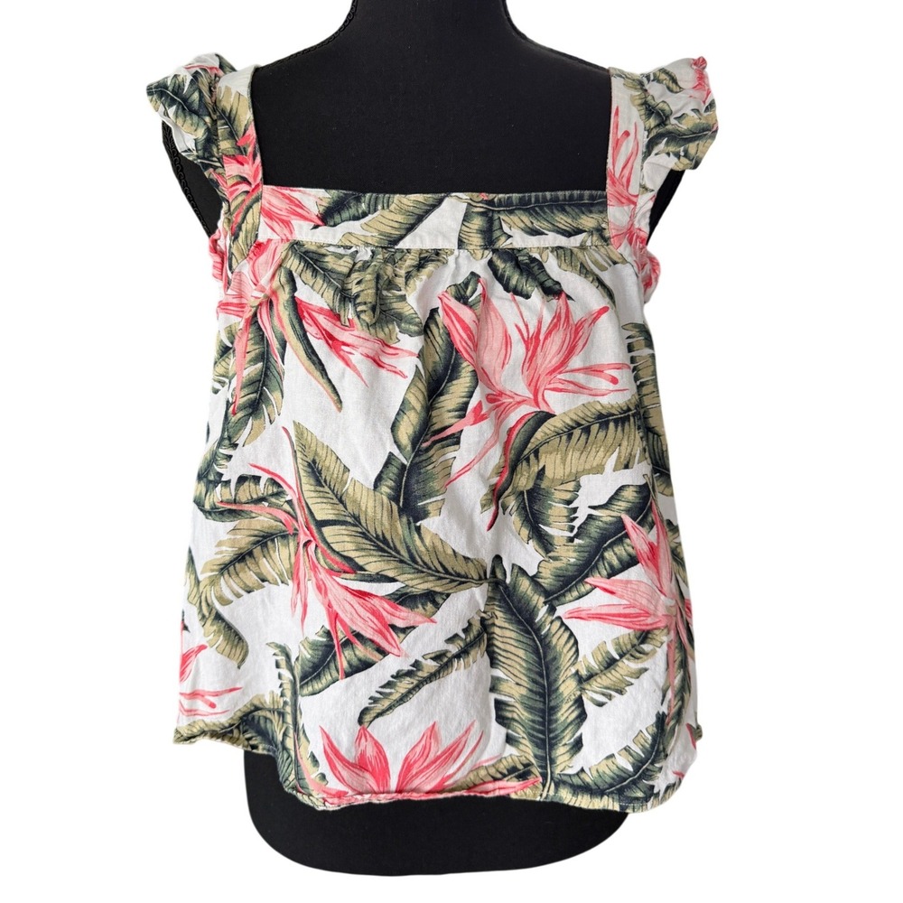 LOFT Linen Blend Ruffle Tank Top Womens S White Green Tropical Vacation Coastal
